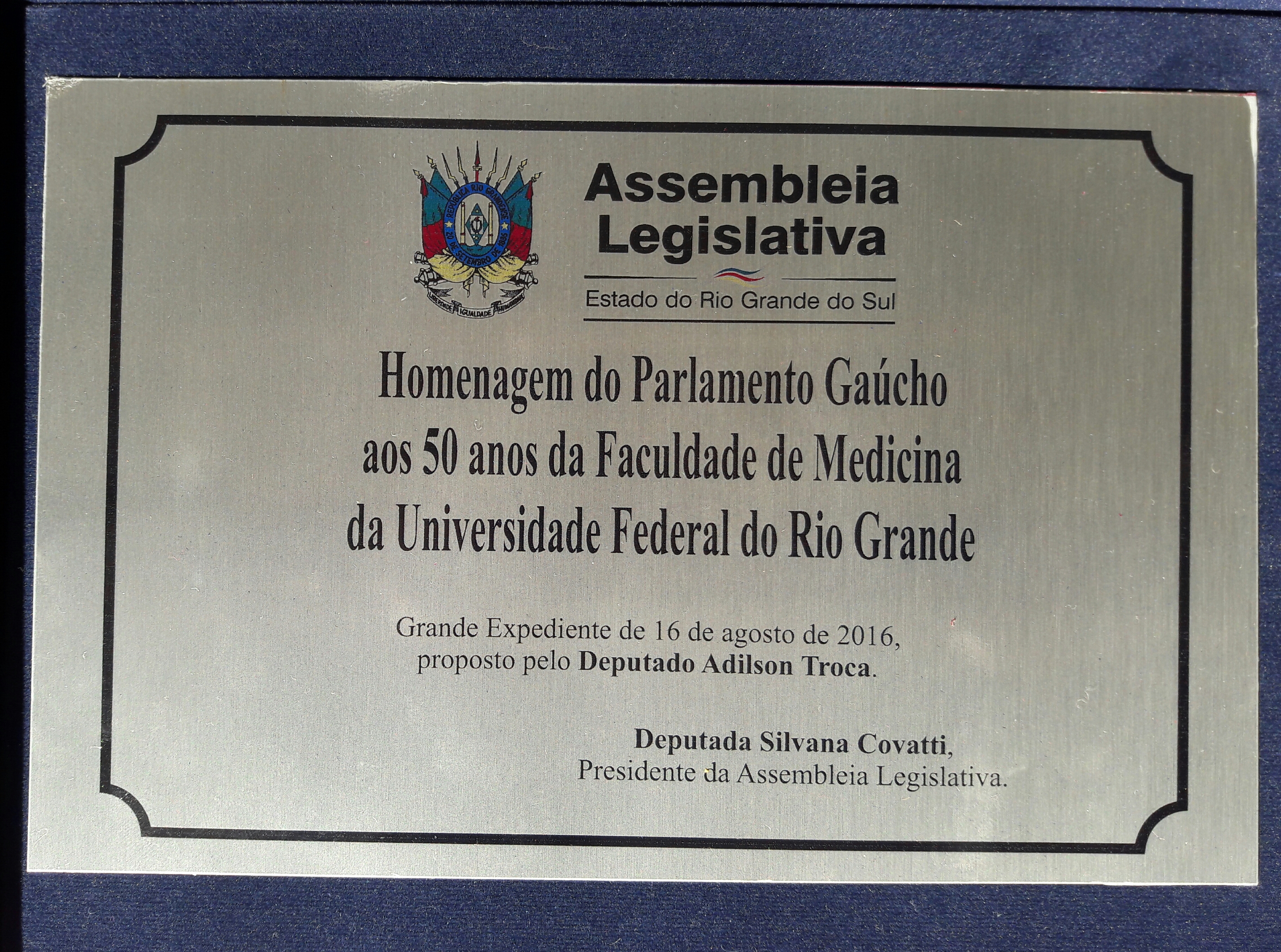 Placa Homenagem do Parlamento Gaúcho